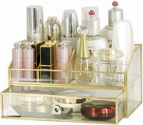 YUEHUA Glass Makeup Organizer, Clear Makeup Brush Organizer Jewelry Display Box, Gold Makeup Nail Polish Lipsticks Eyeliners Holder Organizer for Vanity Bathroom Office