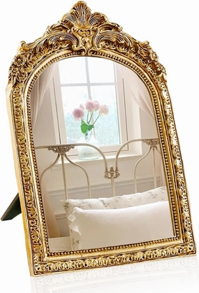 YUSONG Vintage Makeup Desk Mirror, Antique Gold Arched Tabletop Mirror with Resin Frame - Decorative Wall Art for Living Room, Bedroom Decor, Retro Table 9.3" x 5.7"