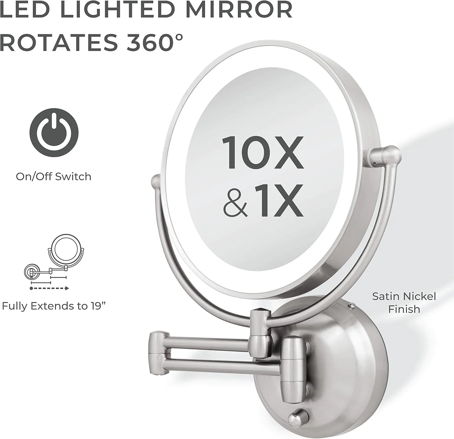 Zadro 11" LED Wall Mounted Makeup Mirror 10X/1X Shaving Mirror Cordless or Battery Operated Vanity Mirrors for Wall