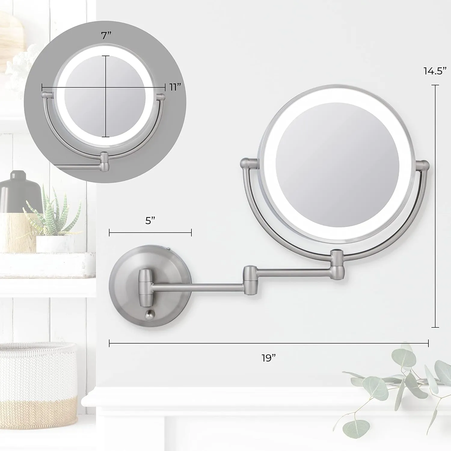 Zadro 11" LED Wall Mounted Makeup Mirror 10X/1X Shaving Mirror Cordless or Battery Operated Vanity Mirrors for Wall