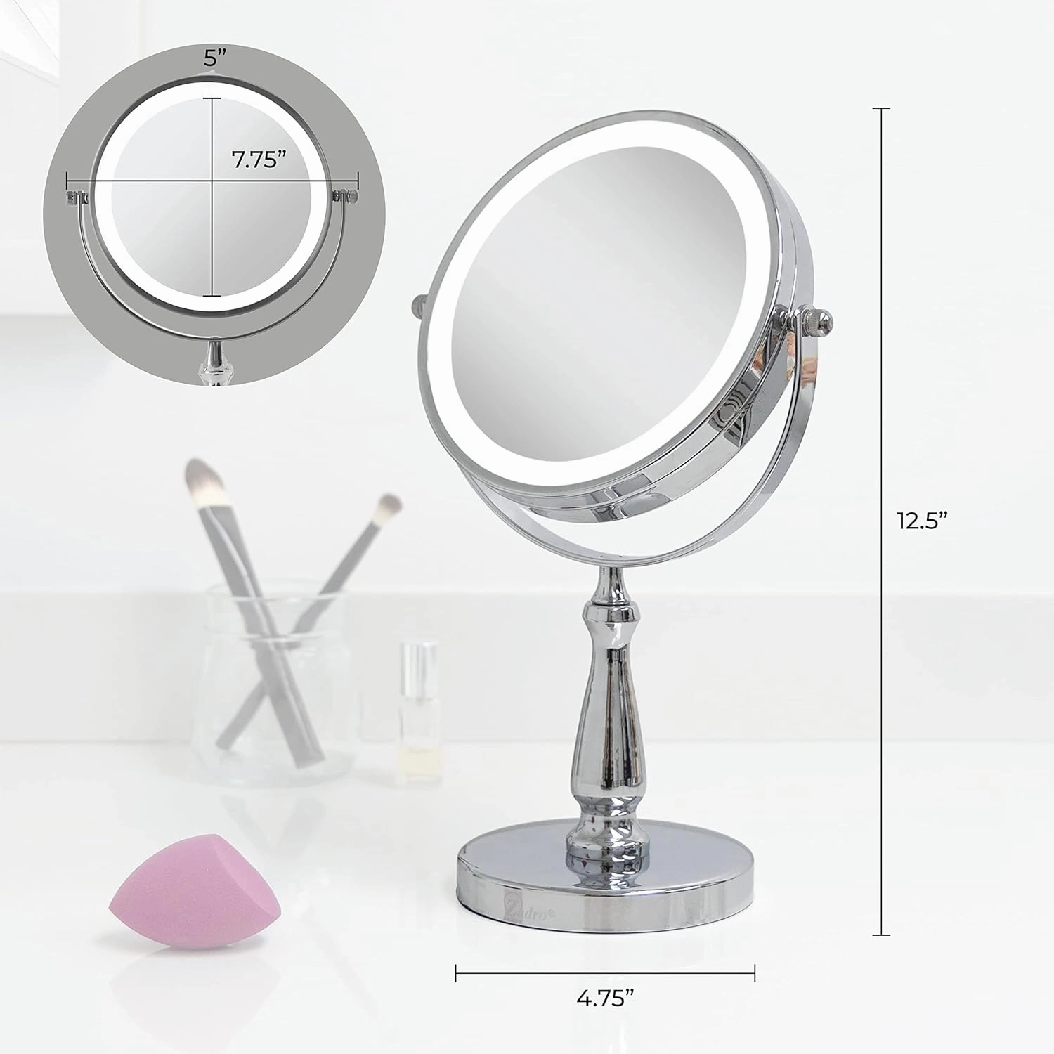 Zadro LED Lighted Makeup Mirror with Magnification & Swivel Head, AAA Battery Operated Best Countertop Vanity Mirrors (12.5" x 7.75" | 8X/1X | Chrome)