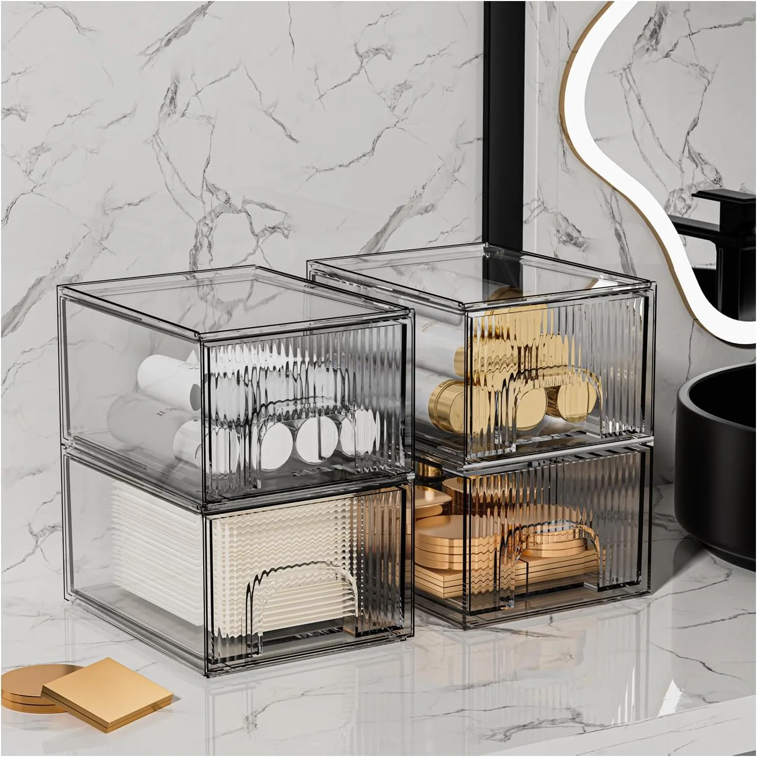 ZHIAI 4 Pack Clear Stackable Storage Drawer, Acrylic Drawer, Cosmetic Organizer, Plastic Organizer for Dresser, Under, Kitchen Cabinet, Pantry, Home Organization and Storage