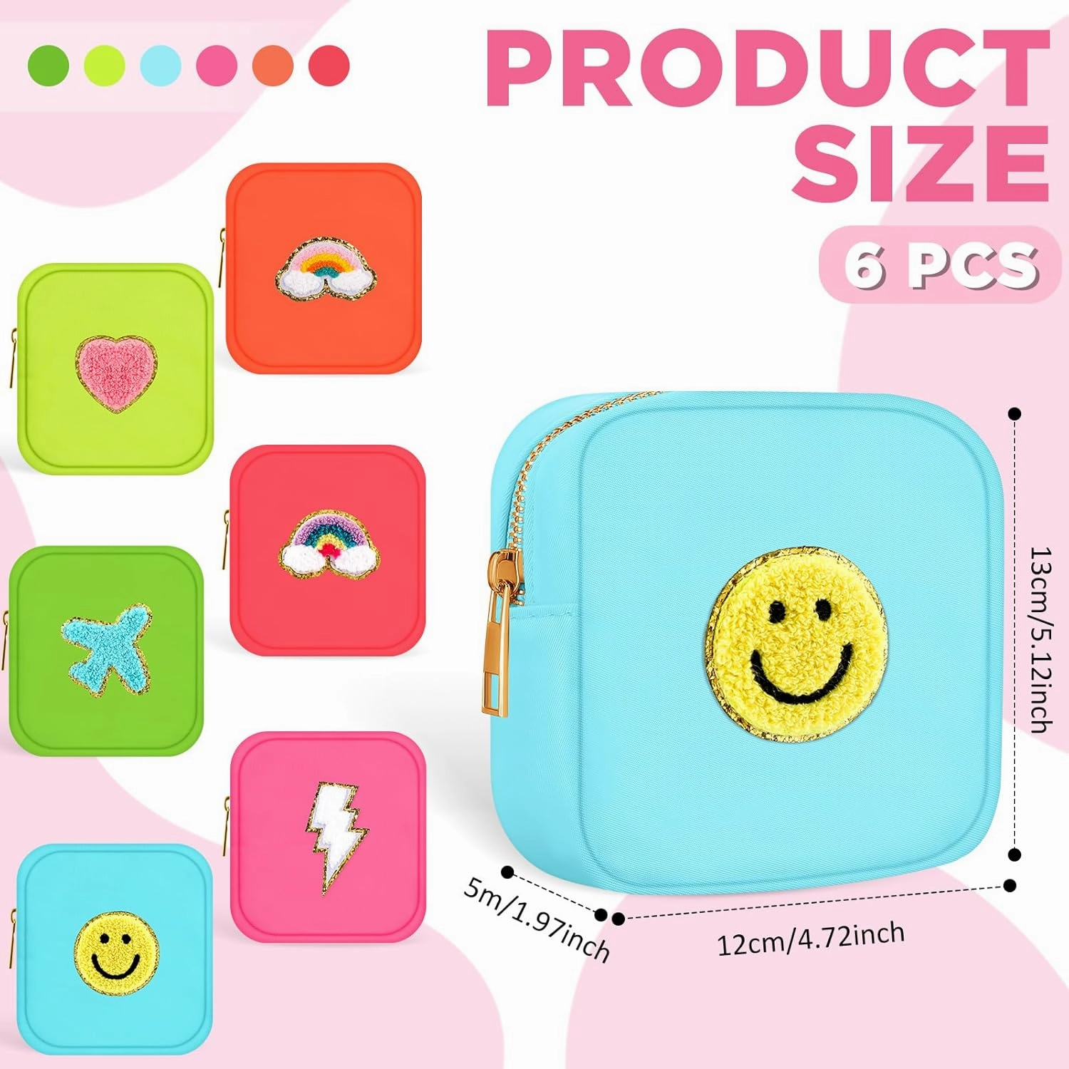 Zubebe 6 Pcs Preppy Patch Cute Makeup Bags Toiletry Bags Skincare Pouch Chenille Letter Nylon Bag for Purse Small Zipper Cosmetic Makeup Pouch Preppy Things for Travel(Fluorescent Color)