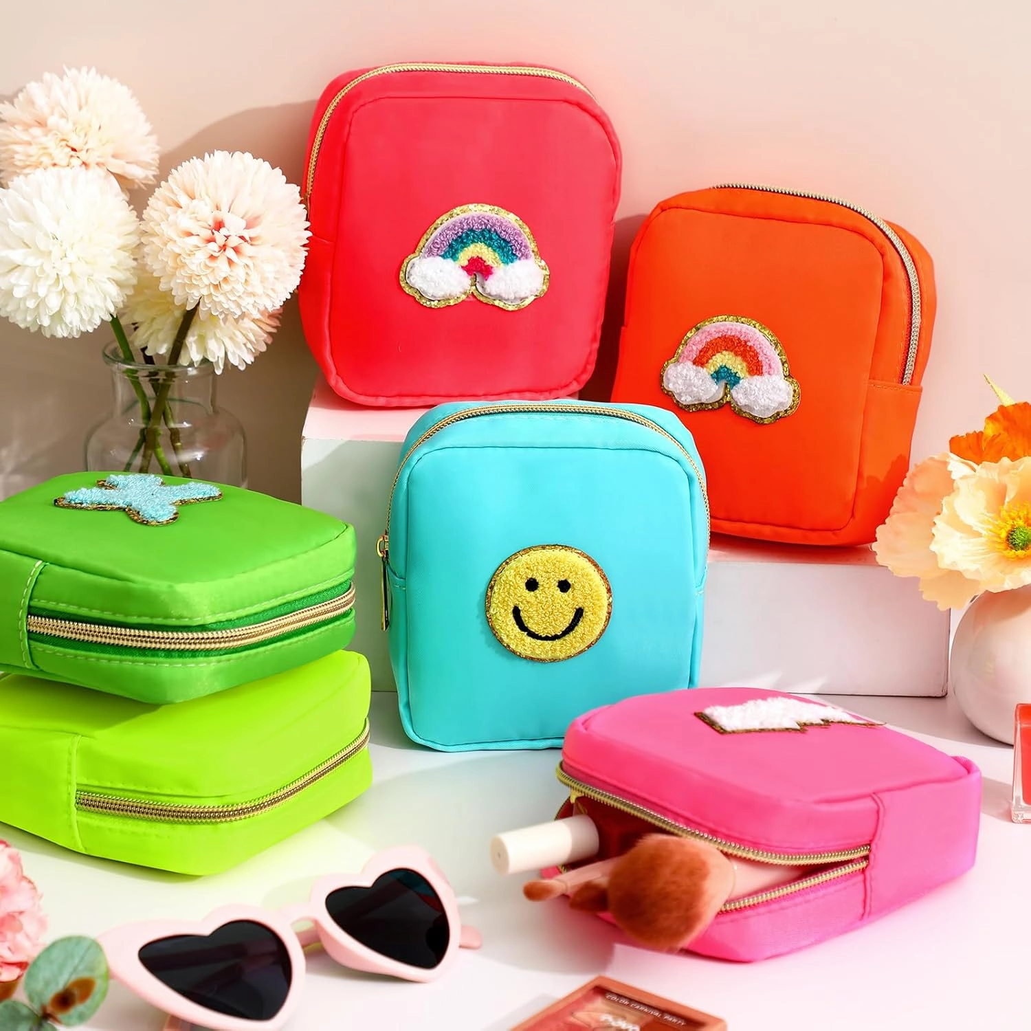 Zubebe 6 Pcs Preppy Patch Cute Makeup Bags Toiletry Bags Skincare Pouch Chenille Letter Nylon Bag for Purse Small Zipper Cosmetic Makeup Pouch Preppy Things for Travel(Fluorescent Color)