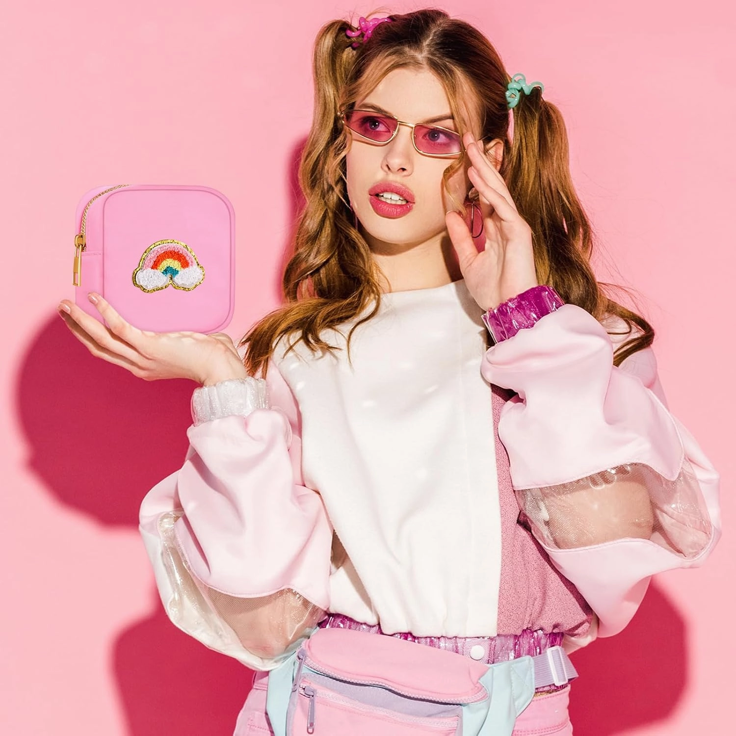 Zubebe 6 Pcs Preppy Patch Cute Makeup Bags Toiletry Bags Skincare Pouch Chenille Letter Nylon Bag for Purse Small Zipper Cosmetic Makeup Pouch Preppy Things for Travel(Fresh Color)