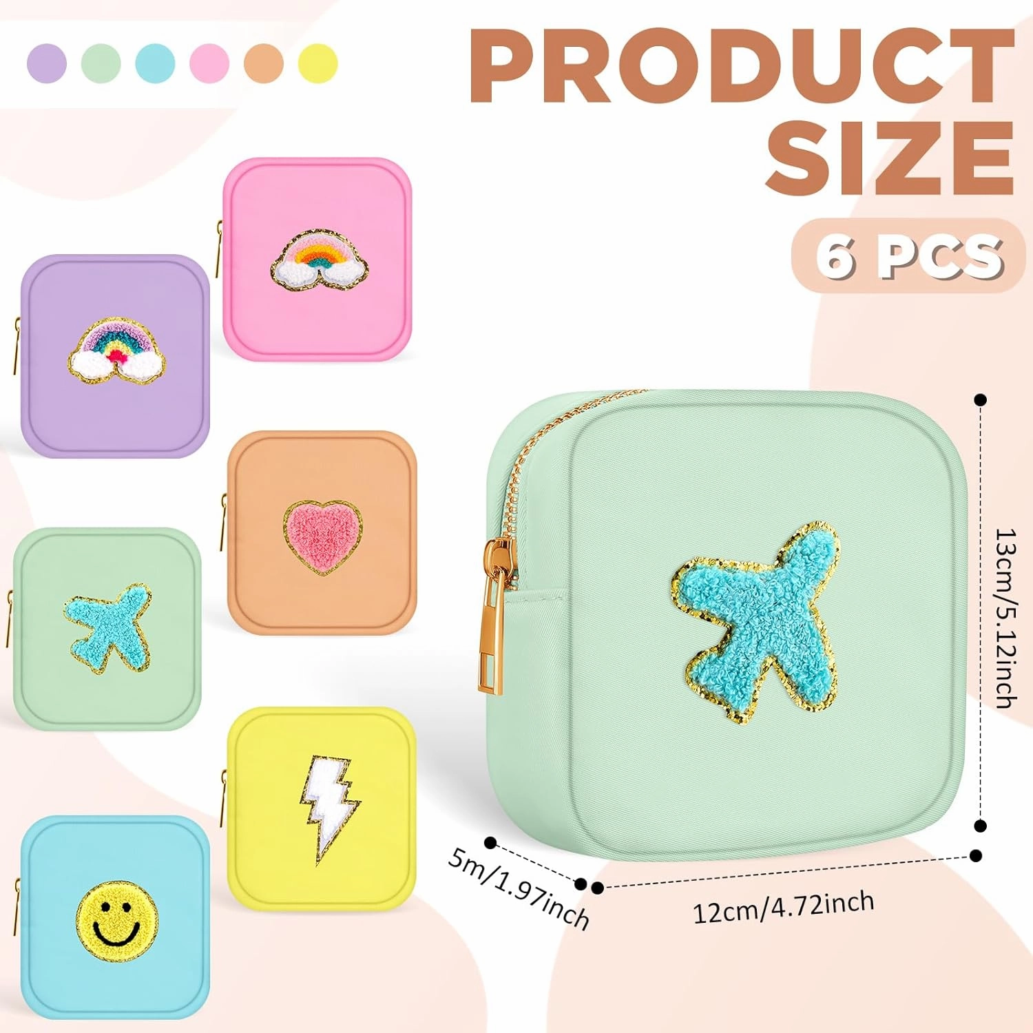 Zubebe 6 Pcs Preppy Patch Cute Makeup Bags Toiletry Bags Skincare Pouch Chenille Letter Nylon Bag for Purse Small Zipper Cosmetic Makeup Pouch Preppy Things for Travel(Fresh Color)
