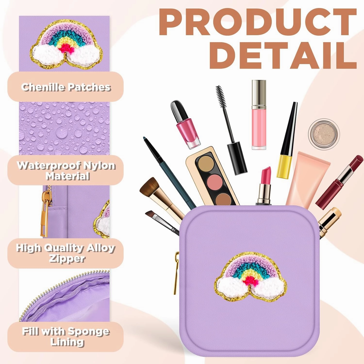 Zubebe 6 Pcs Preppy Patch Cute Makeup Bags Toiletry Bags Skincare Pouch Chenille Letter Nylon Bag for Purse Small Zipper Cosmetic Makeup Pouch Preppy Things for Travel(Fresh Color)